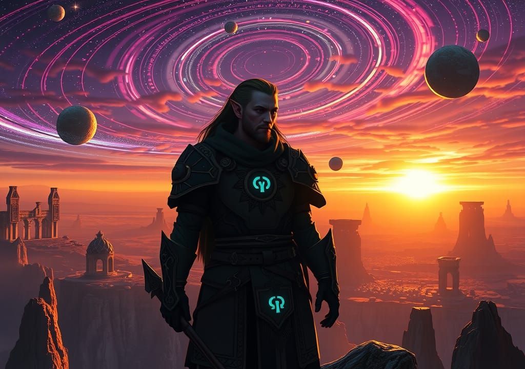 Elven Warrior Overlooks Sci-Fi Landscape