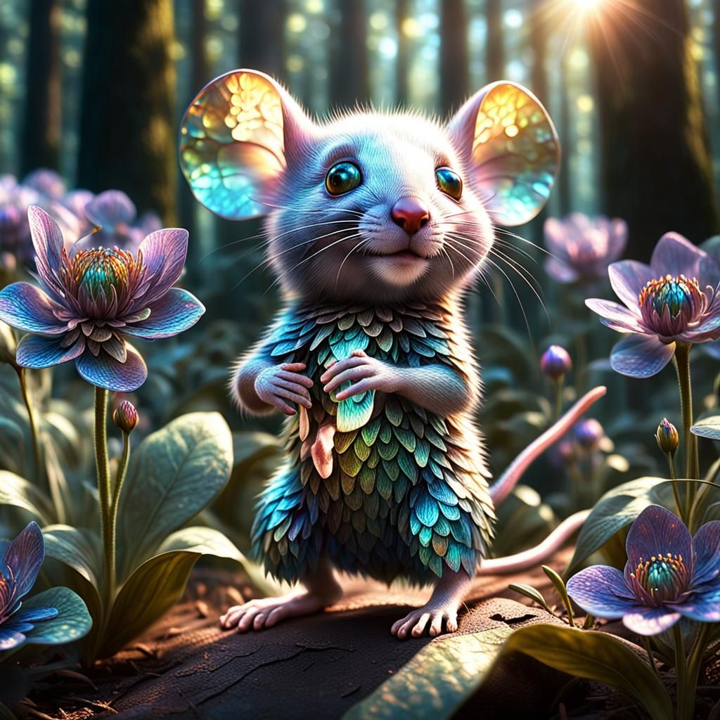 Iridescent Mouse in a Magical Forest World
