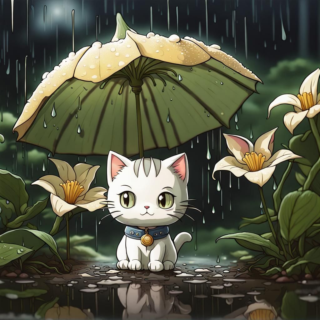 Chibi Kitty Sheltering from Rain, Ghibli Style
