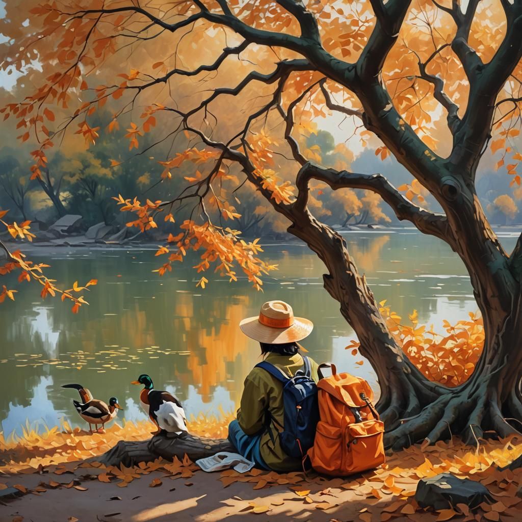 Impressionist Painting of Woman Enjoying Autumn Scenery