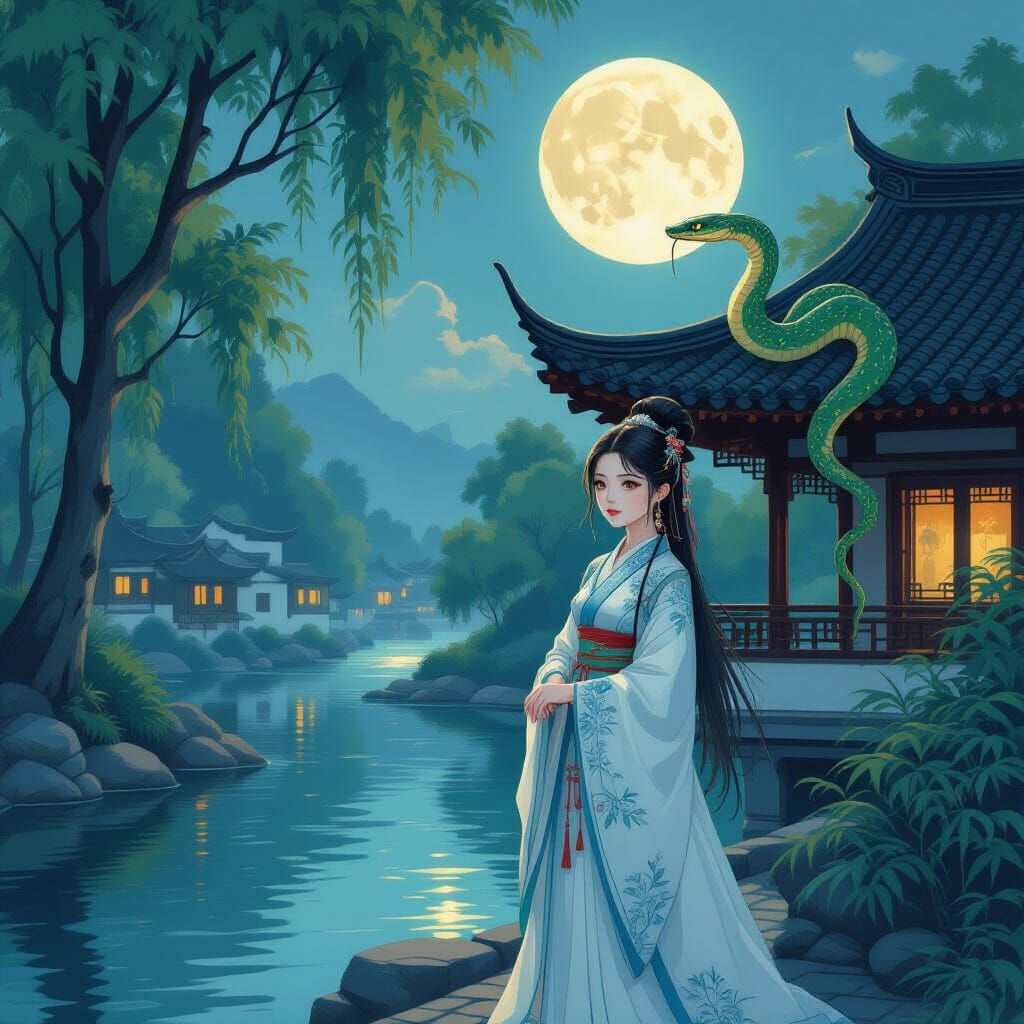 Girl in Hanfu Beside Moonlit River