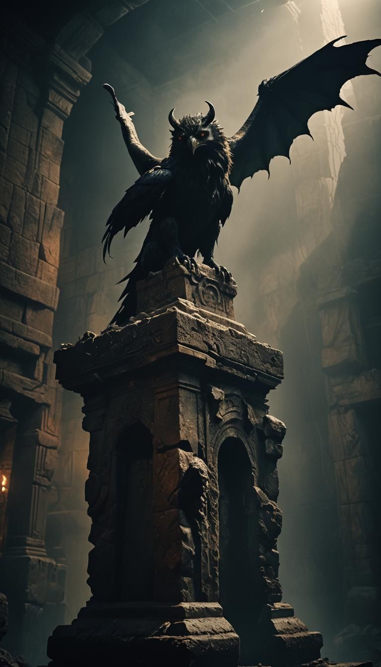 Dark Creature in Misty Chamber with Golden Lighting