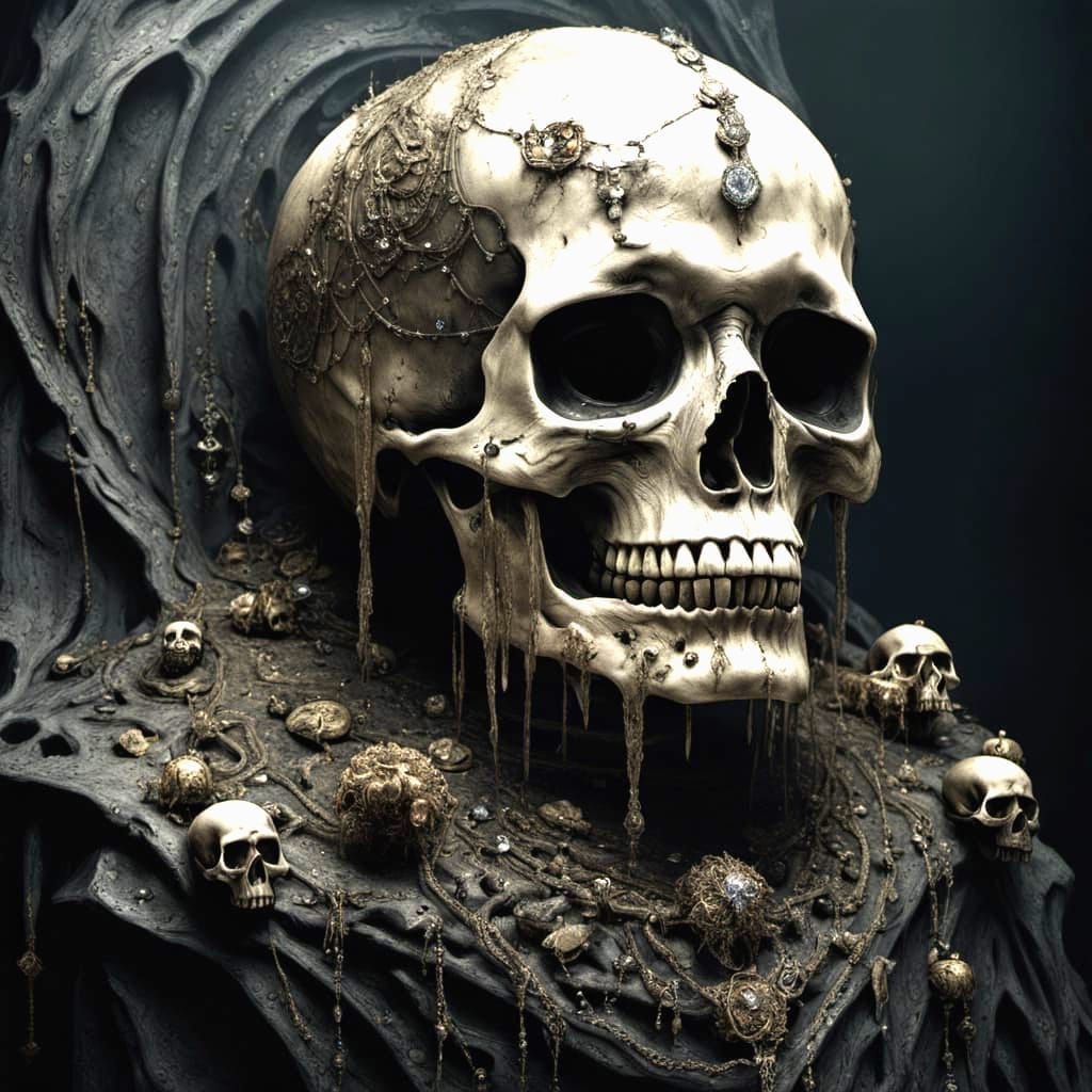 Skull luxury surrealism, macabre, horror art, dripping, deca...
