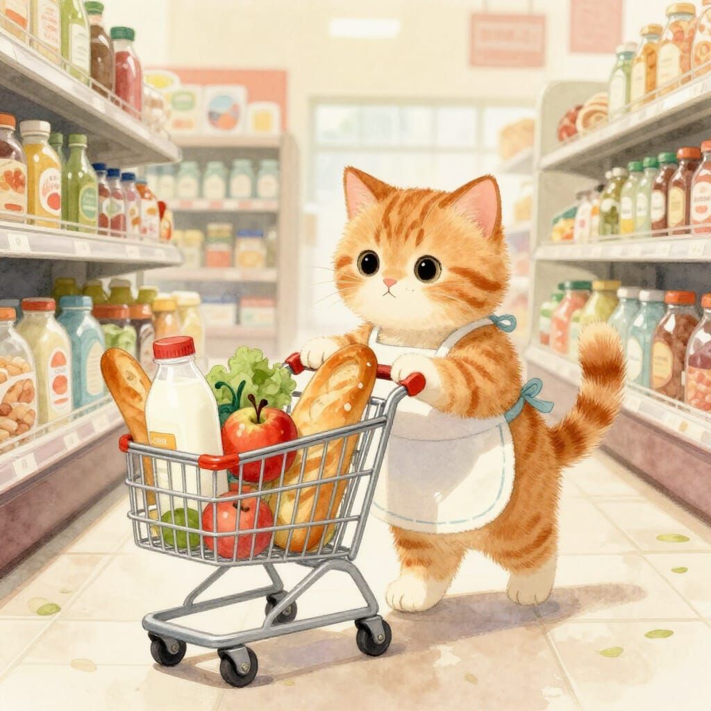 Fluffy Kitten Shops for Groceries in Storybook Style