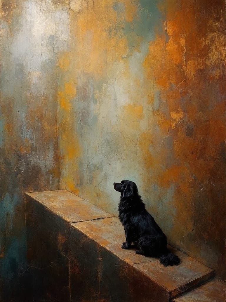 Dog in Sun with Ochre Streams and Textured Walls