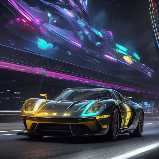 Futuristic Car Speeds Through Neon City, Oil Painting