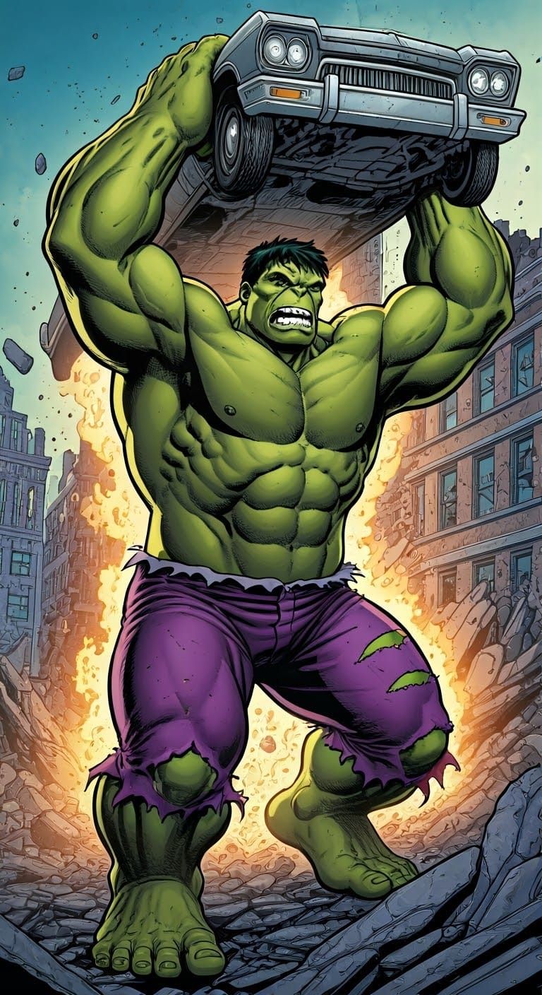 The hulk throws a car..Comic frame drawn by Sal Busc