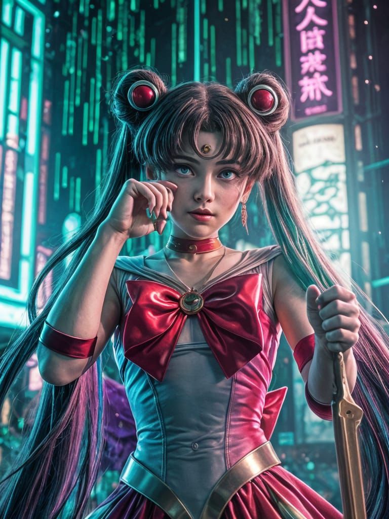 Sailor Moon in Matrix-Style Digital Art