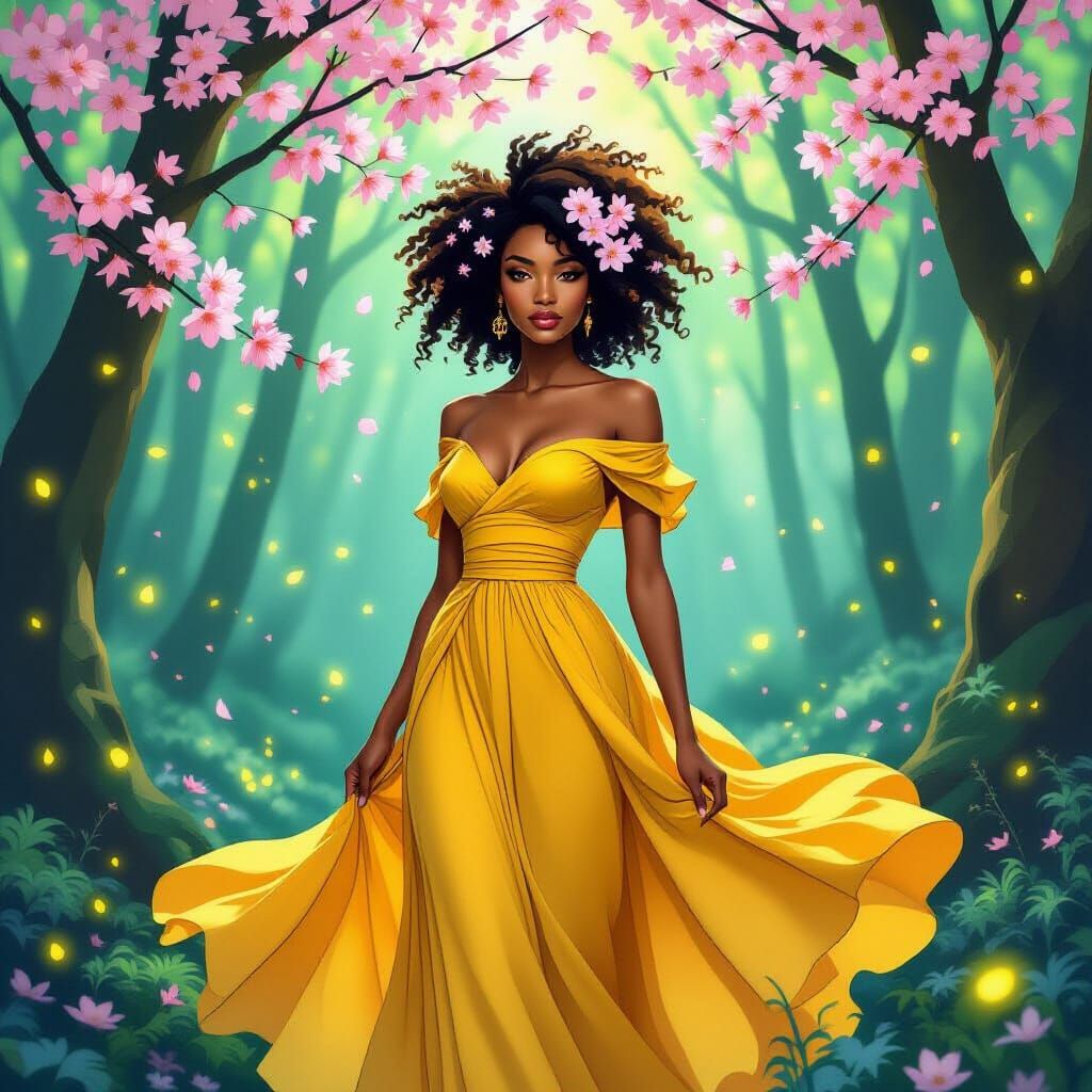 Elegant Woman in Bioluminescent Forest, Art Nouveau Style