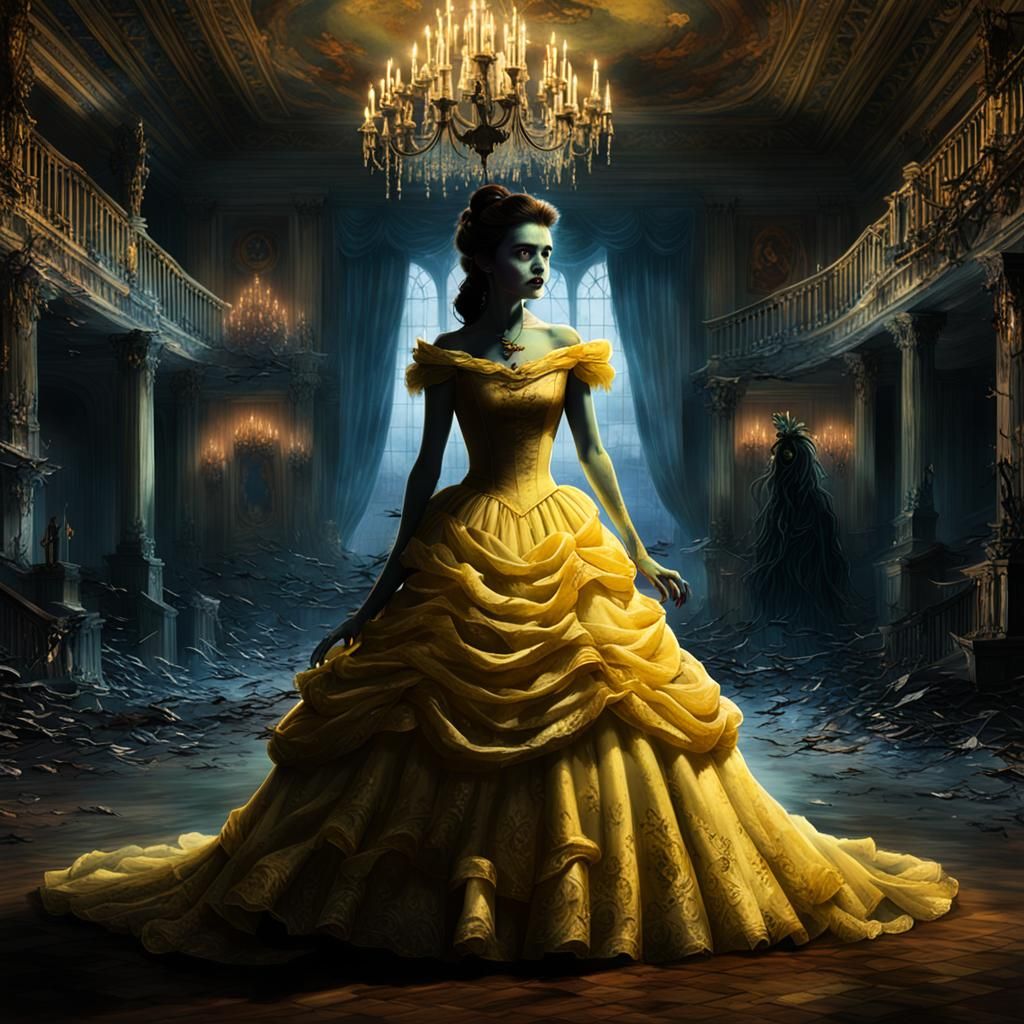 Zombie Belle in Haunted Ballroom: A Dark Disney Scene