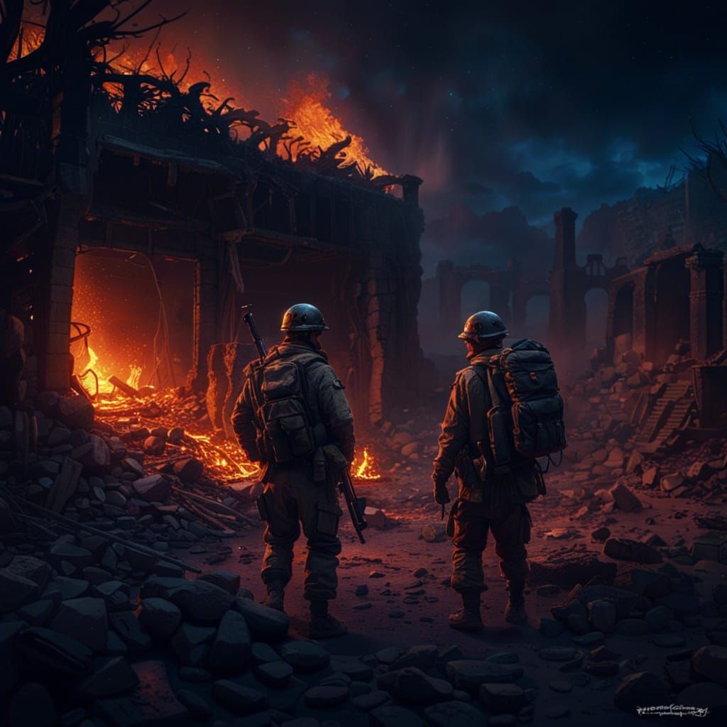 Soldiers in Burning Ruins: Matte Painting