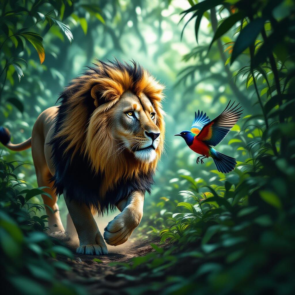 Lion Chases Bird Through Jungle in HDR Atmosphere