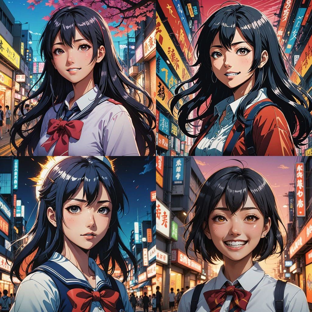 Anime Style Portrait of a Japanese College Girl's Manic Laug...