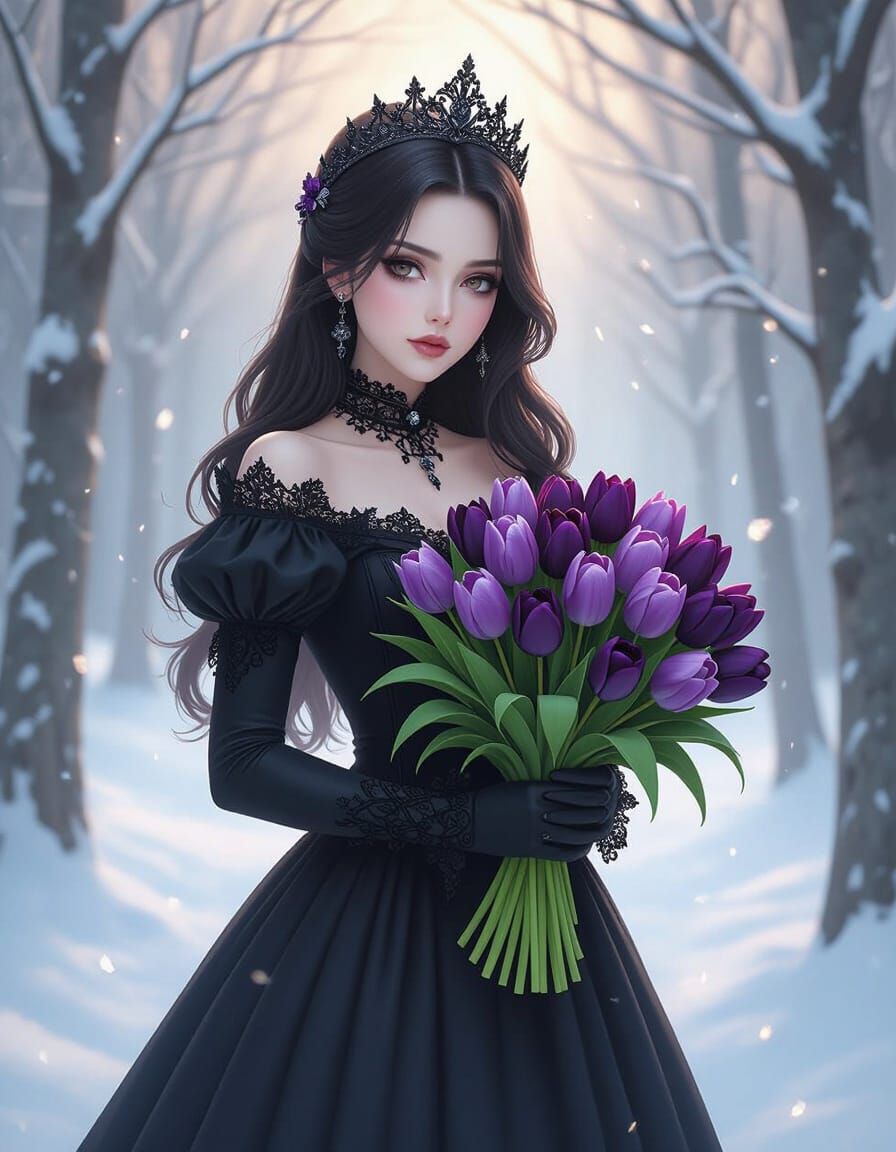 Gothic Princess in Snowy Forest with Dark Tulips
