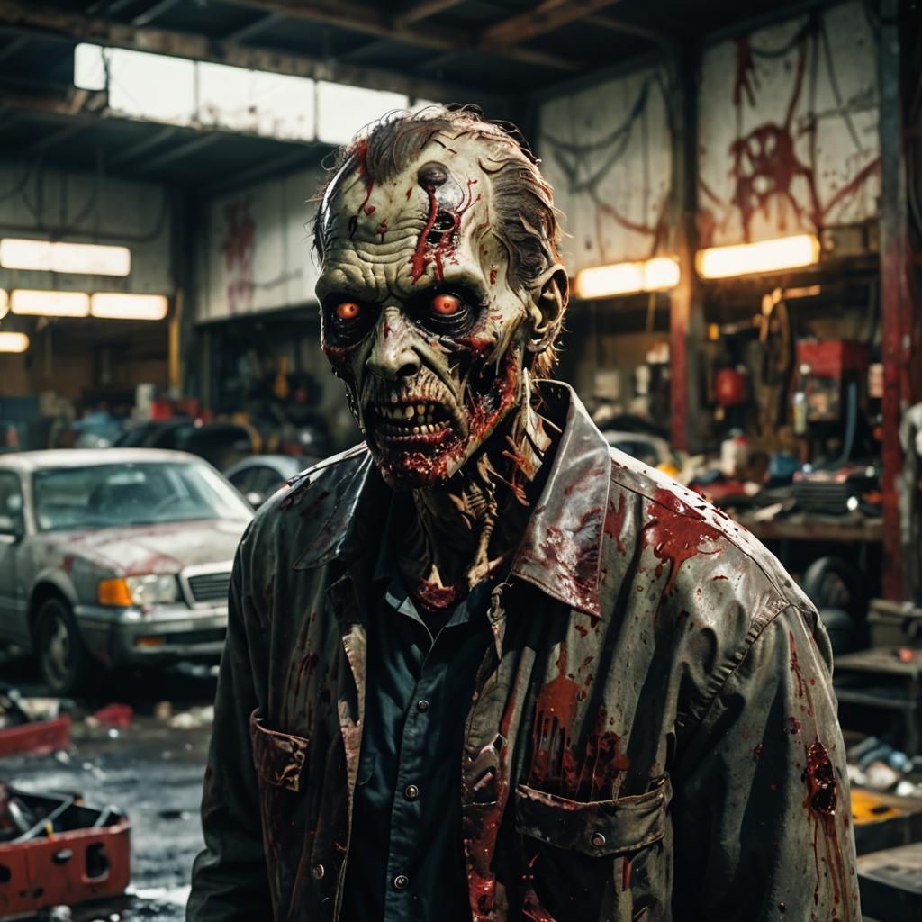 Zombie in Auto Shop: Horror Concept Art