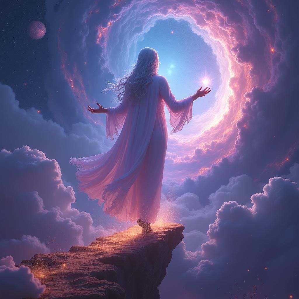 Ethereal Guide Beckons in Vibrant Dreamscape