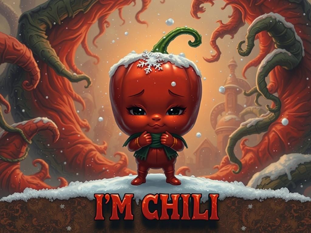 Chibi Chili Pepper Shivering in Winter Landscape