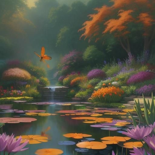 Orange Dragon Flies Over Lily Pond in Fantasy Art