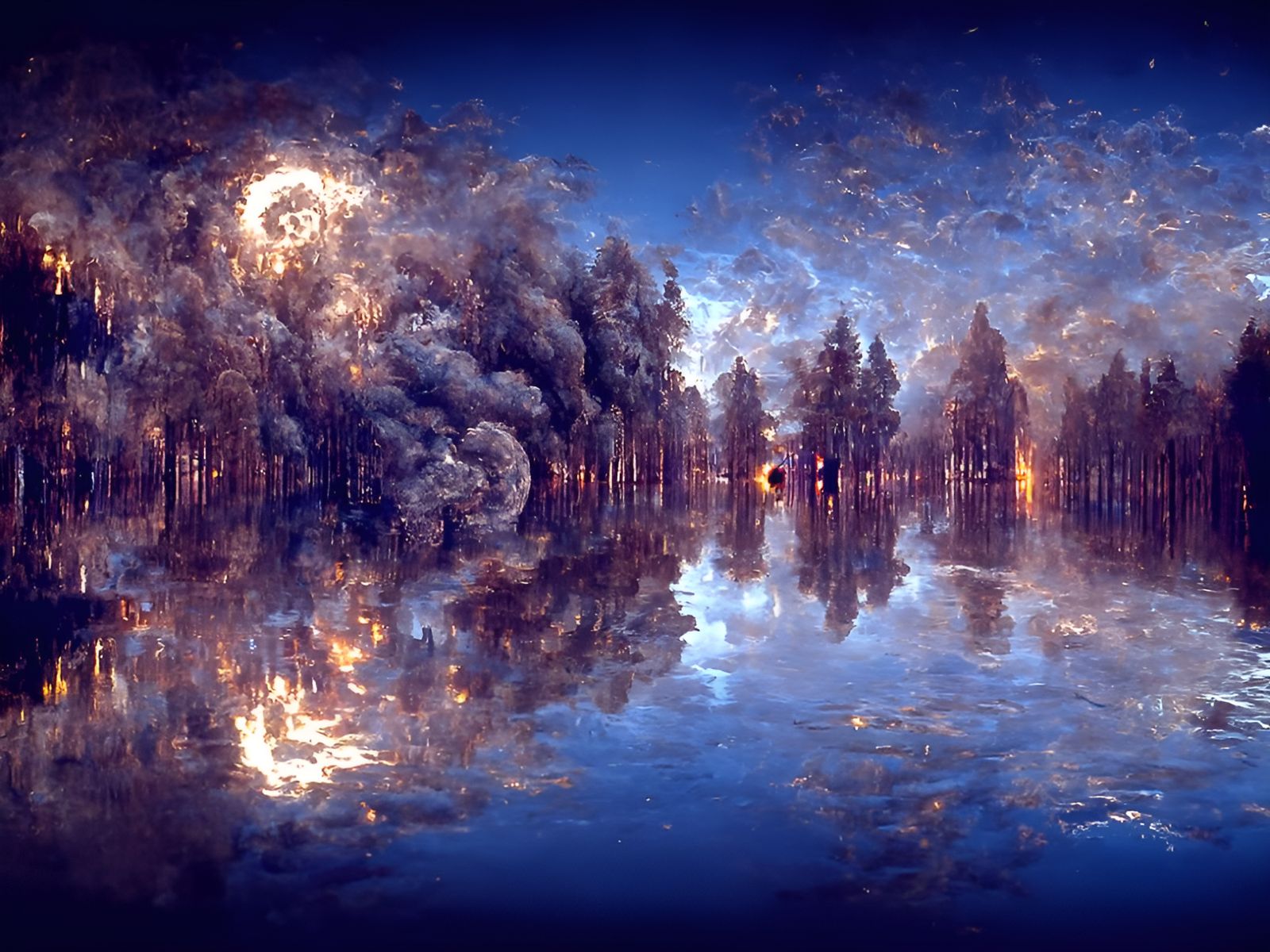 Forest Fire Lake Reflection in Hyperreal Style