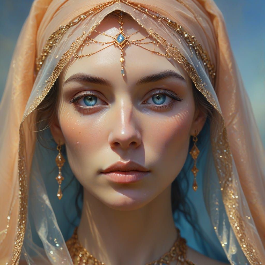 Mysterious Woman Portrait with Metallic Jewelry, Soft Focus