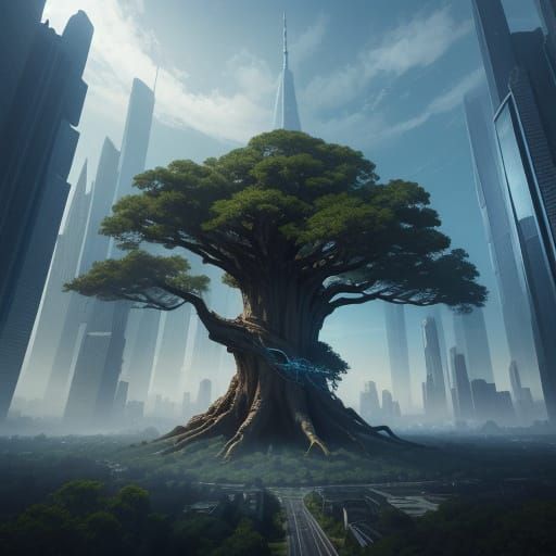 Ancient Tree in Futuristic City, Hyperrealistic Digital Art