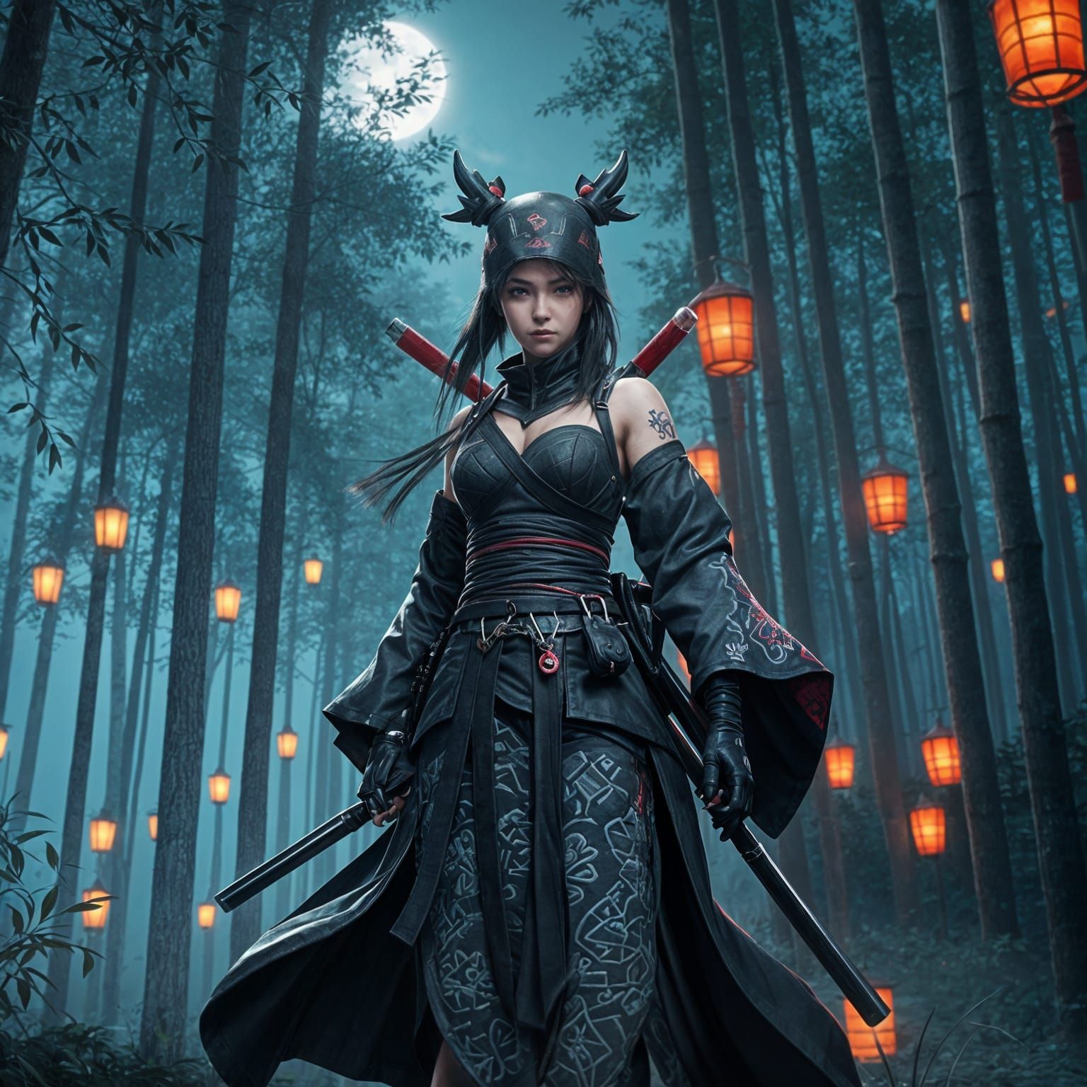 Japanese Ninja Warrior in Moonlit Bamboo Forest