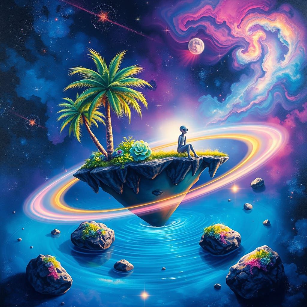 An alien on vacation on a tropical space island