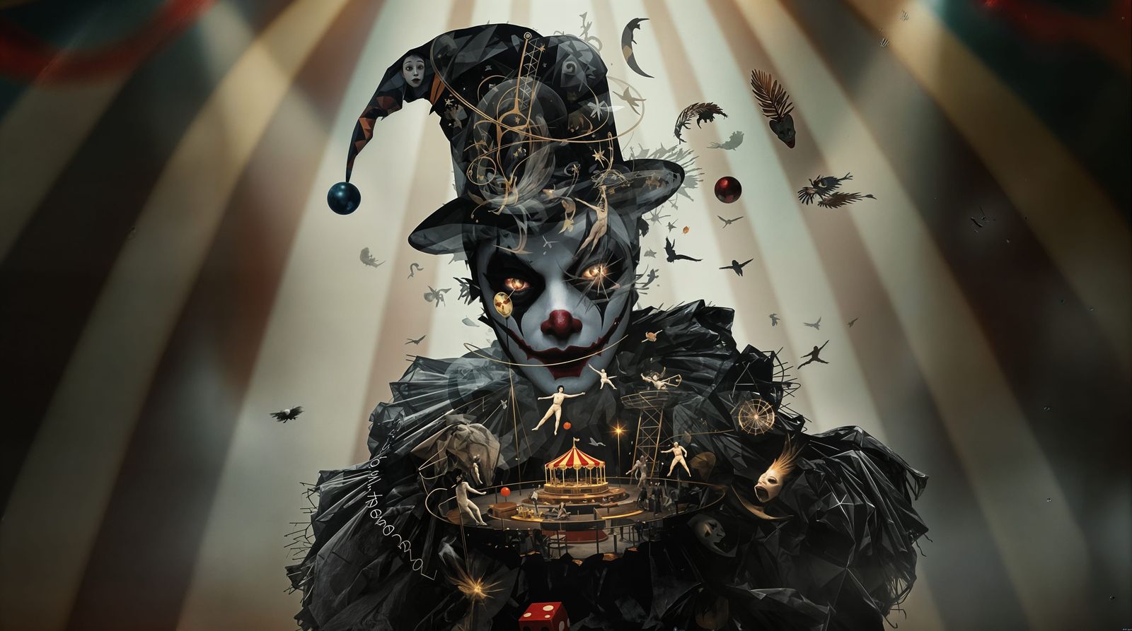 Surreal Circus Dreamscape with Pierrot Harlequin Figure