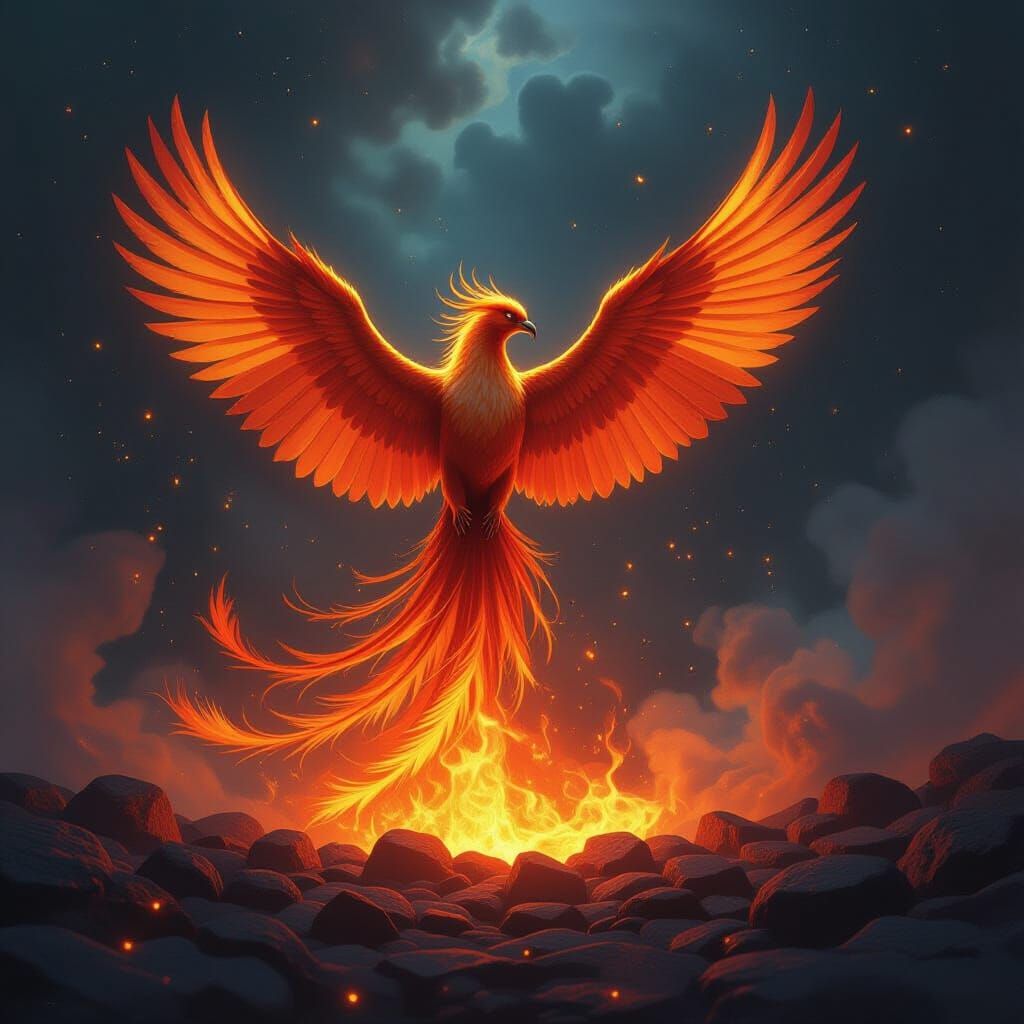 Majestic Phoenix Rises from Embers in Cosmic Nebula