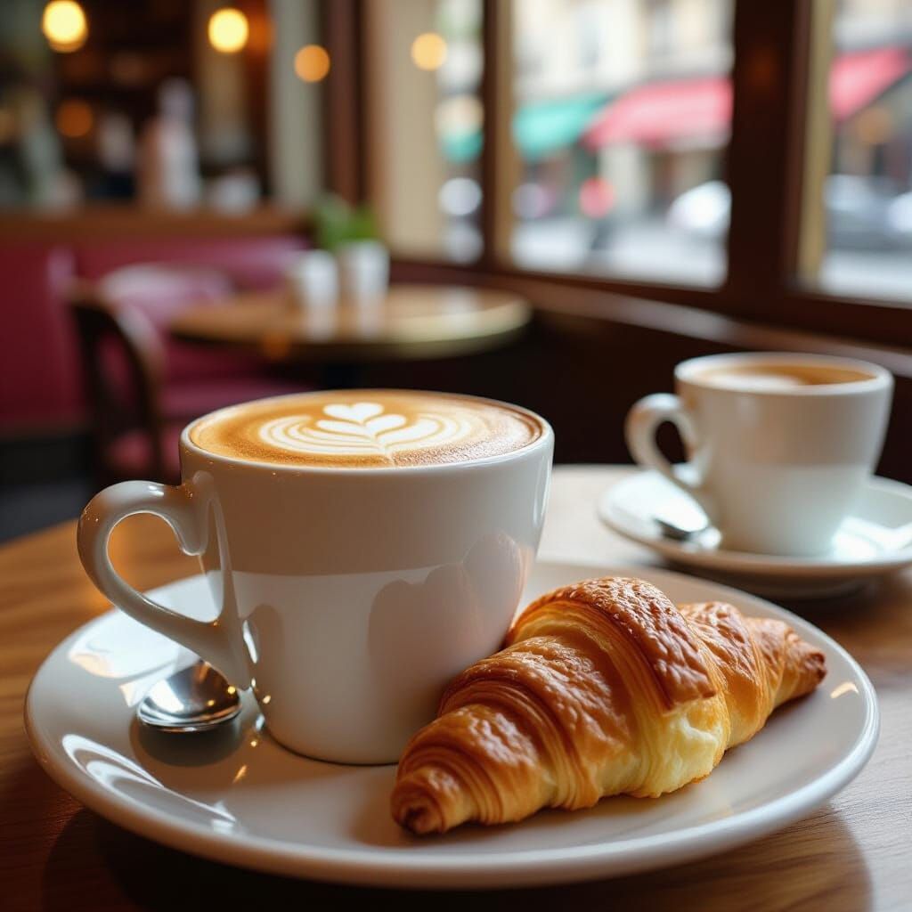 Espresso and Croissant in Café, Impressionist Style