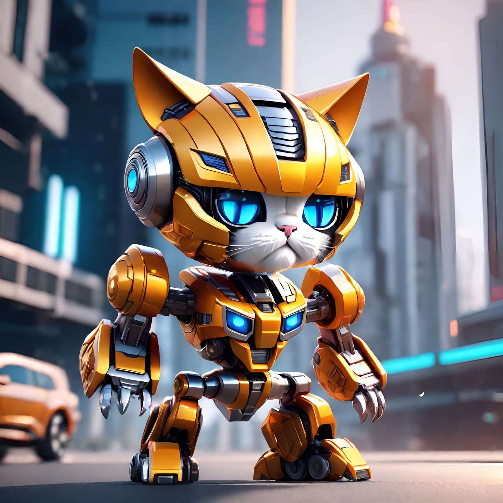 Chibi Cat Autobot Mech in Sci-Fi Style