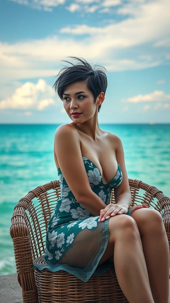 Elegant Woman in Floral Dress Against Calming Seascape