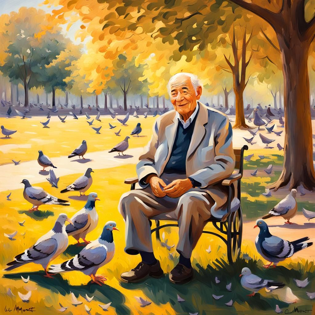 Golden Impressionist Painting of Elderly Person in Park