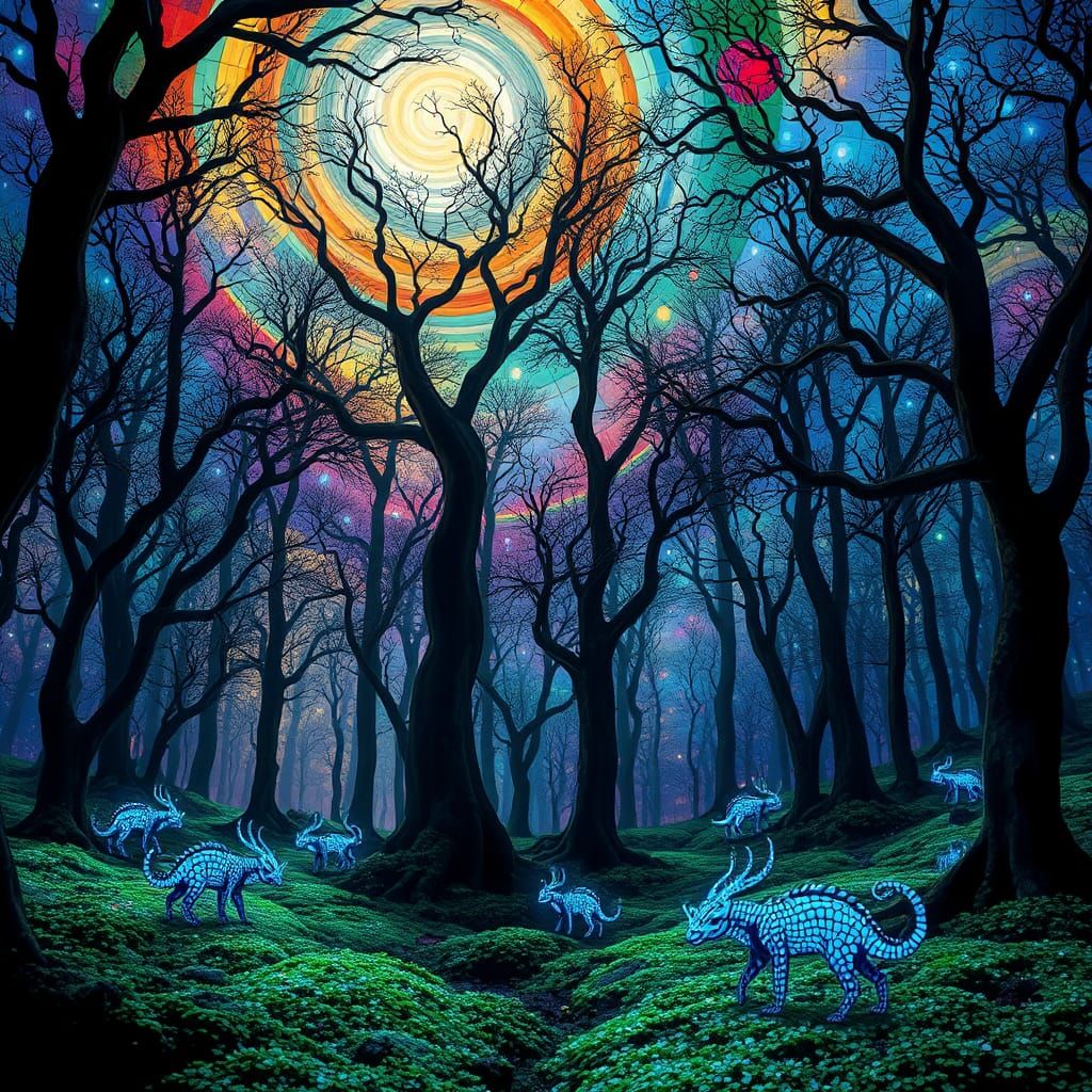 Stained Glass Forest Glade with Nebulae Sky