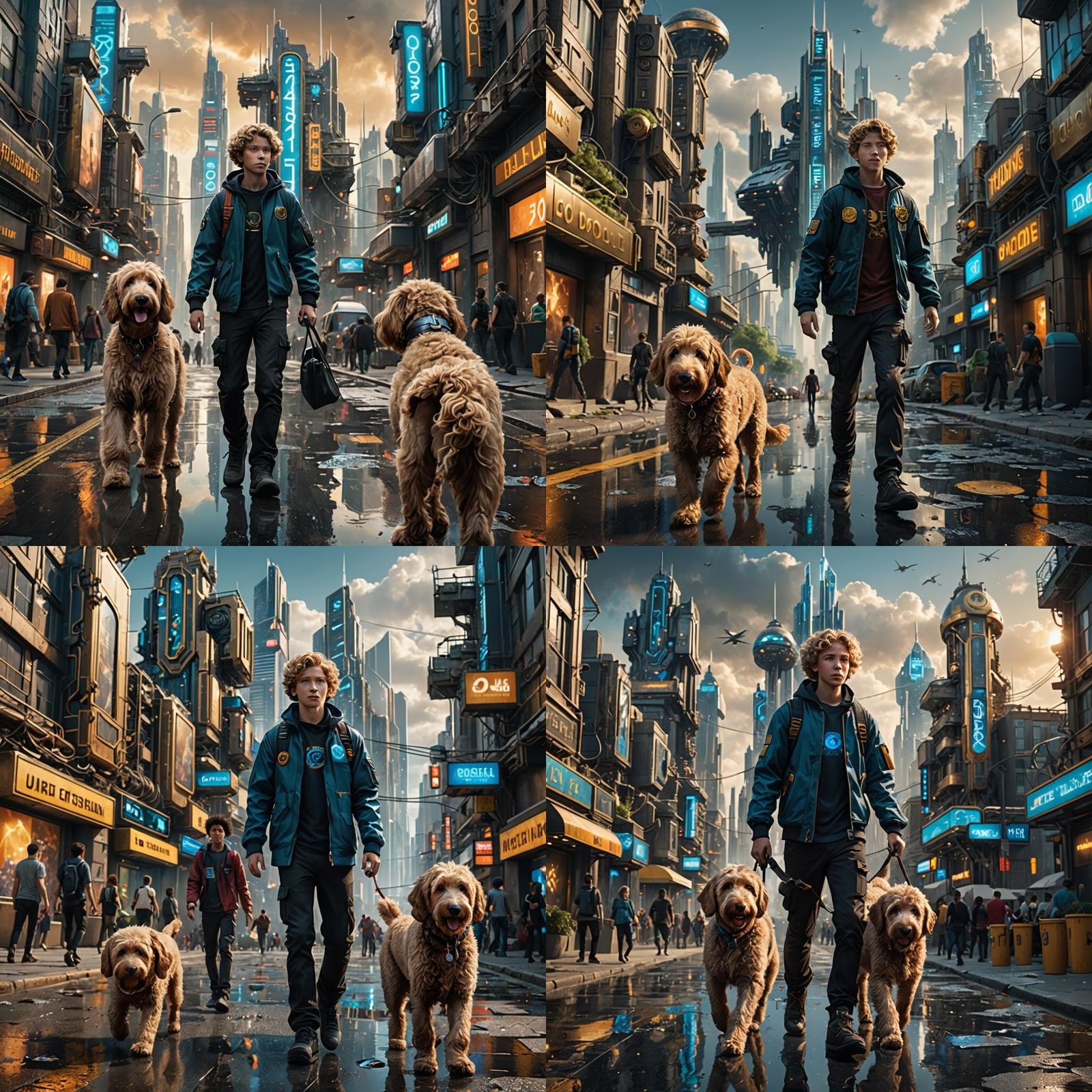 Boy and Dog Stroll in Futuristic City