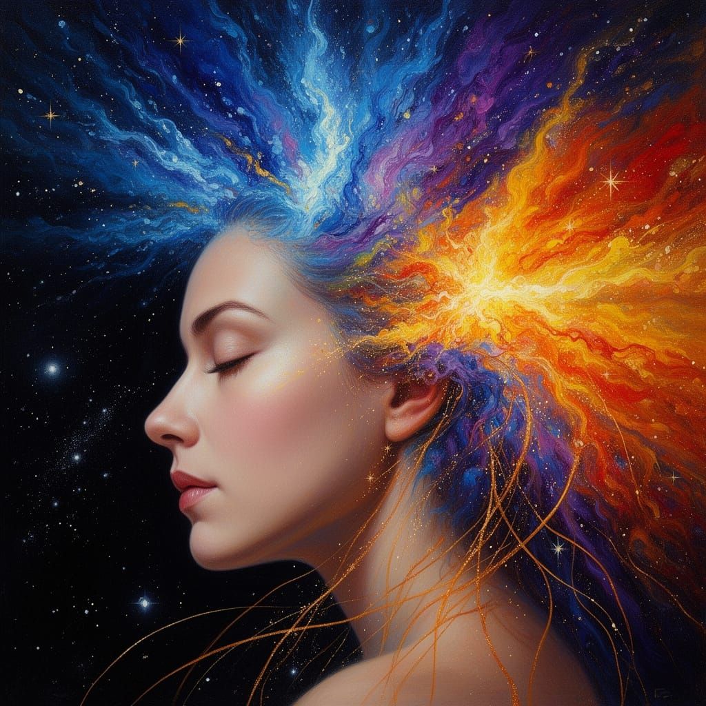 Serene Woman Profile with Cosmic Energy Burst