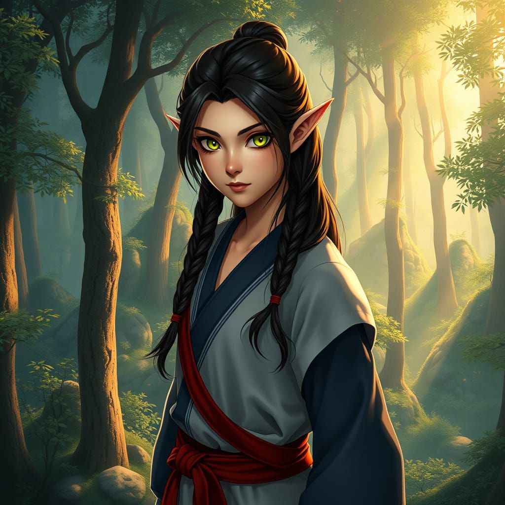 Majestic Elven Ninja in Lush Forest Landscape with Anime Aes...