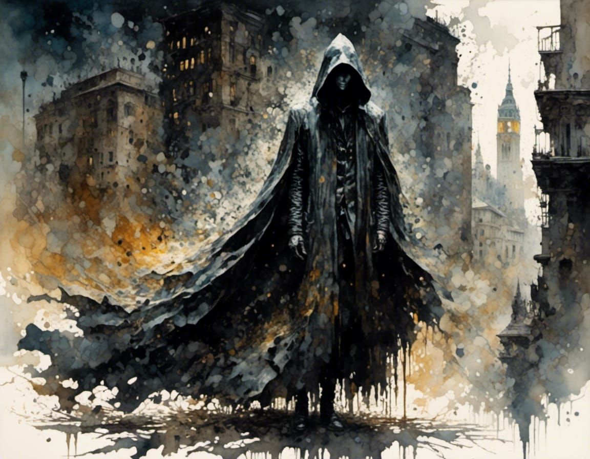 Dystopian Stalker in Cyberpunk City, Watercolor Style