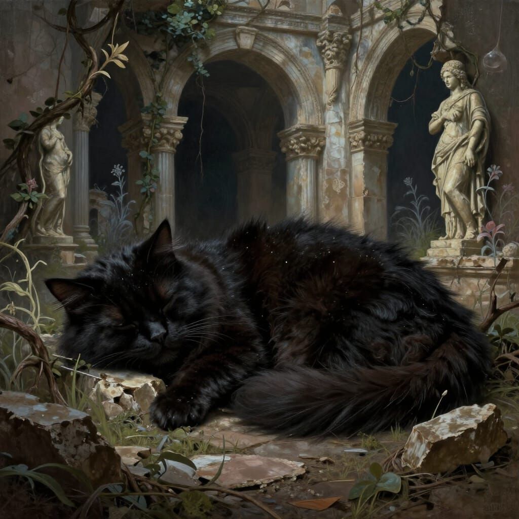 Giant Persian Cat Sleeps Amidst Ruined City