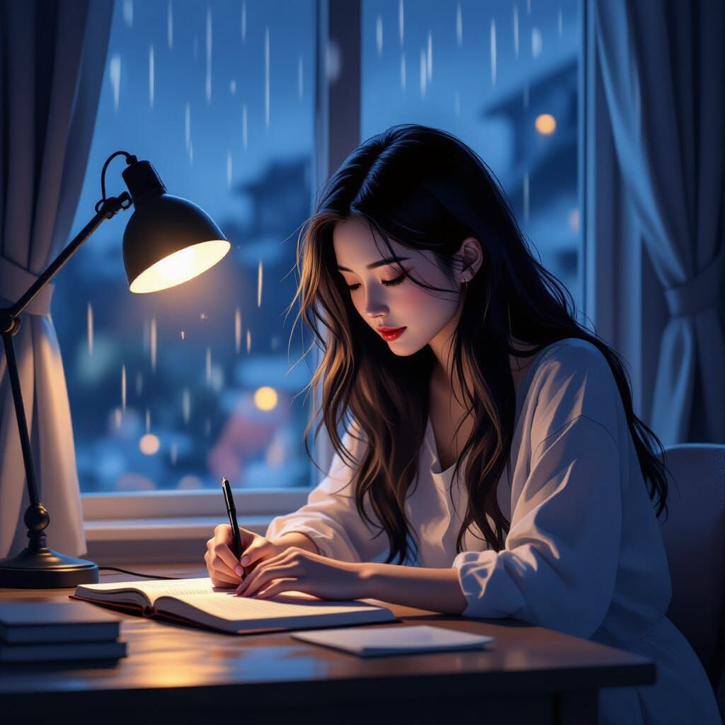 Woman Writing Diary by Warm Lamp on Rainy Night