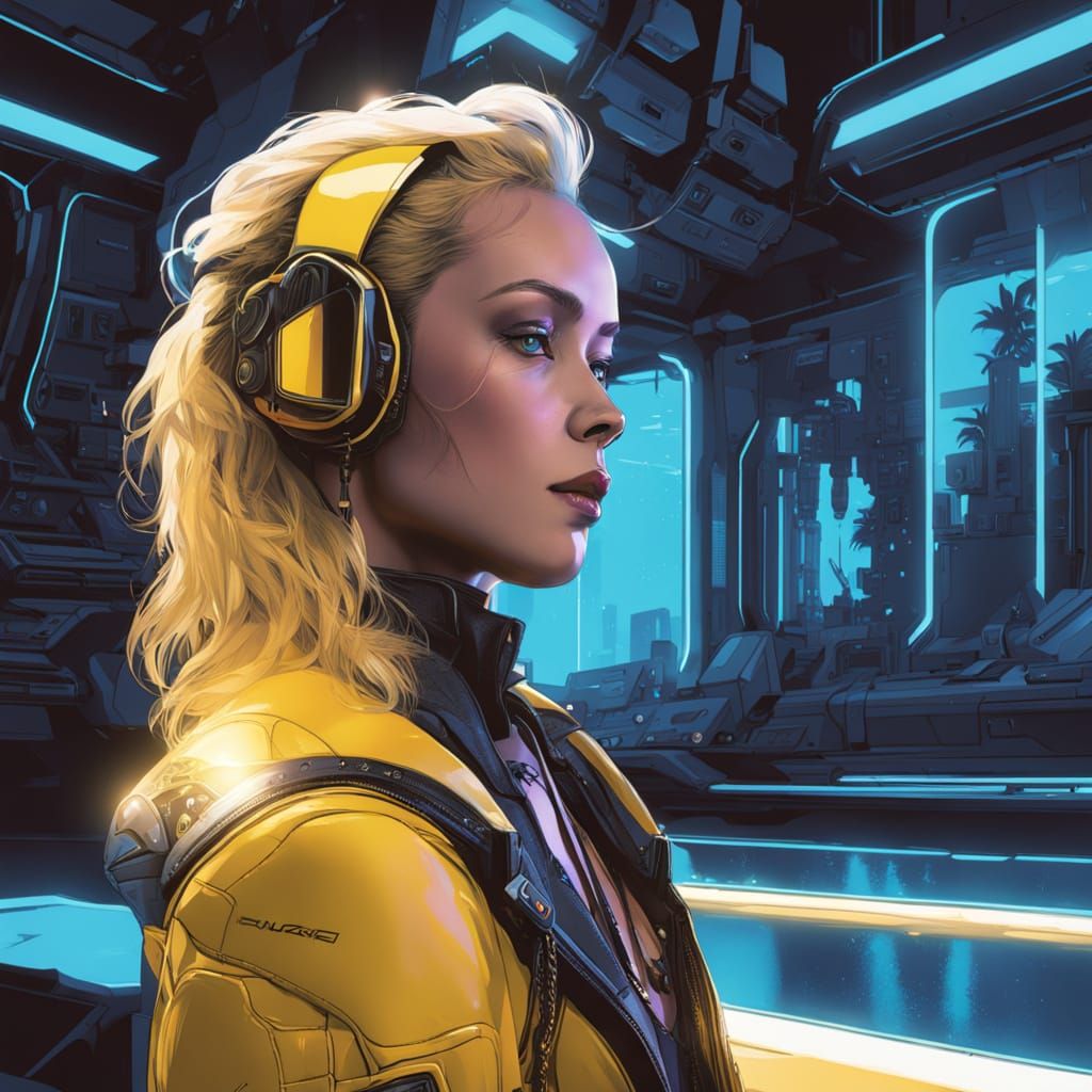 Woman in Vibrant Yellow Bikini on Tropical Beach in Cyberpun...