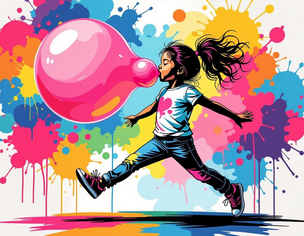 Girl Floats on Bubblegum in Splatter-Paint Style