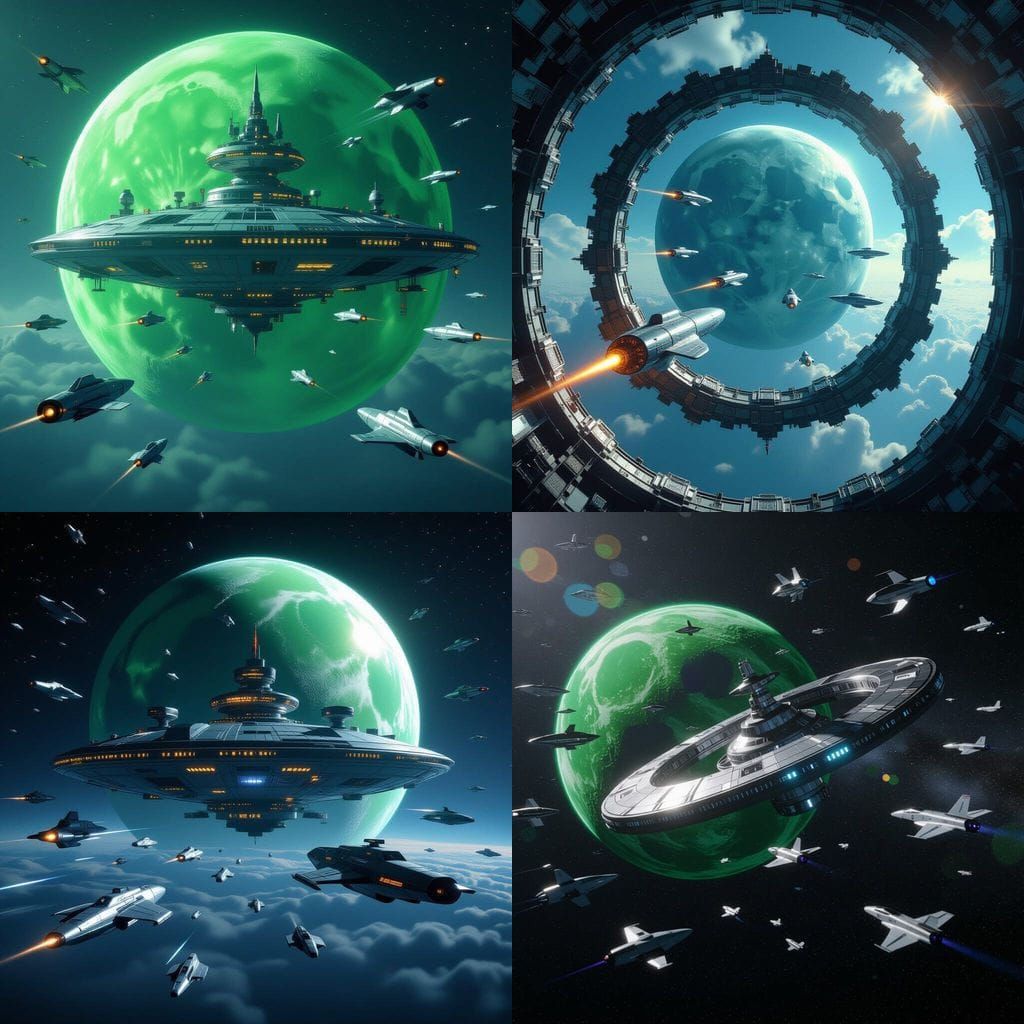 Giant Space Station Encircles Green Moon with Spaceships