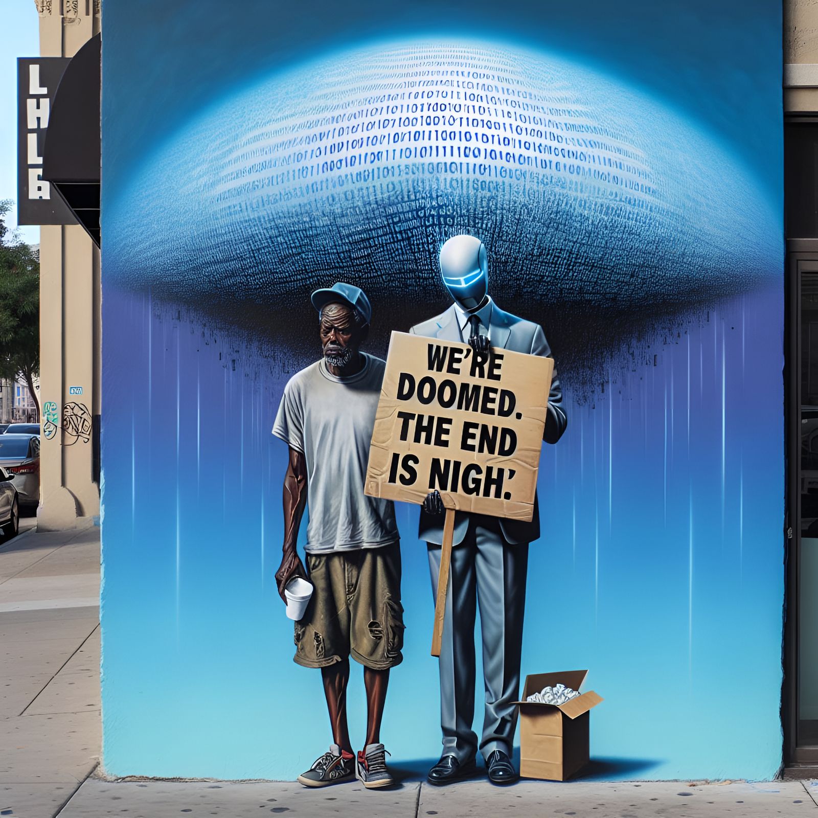 Doomed Man and AI Cloud in Cityscape