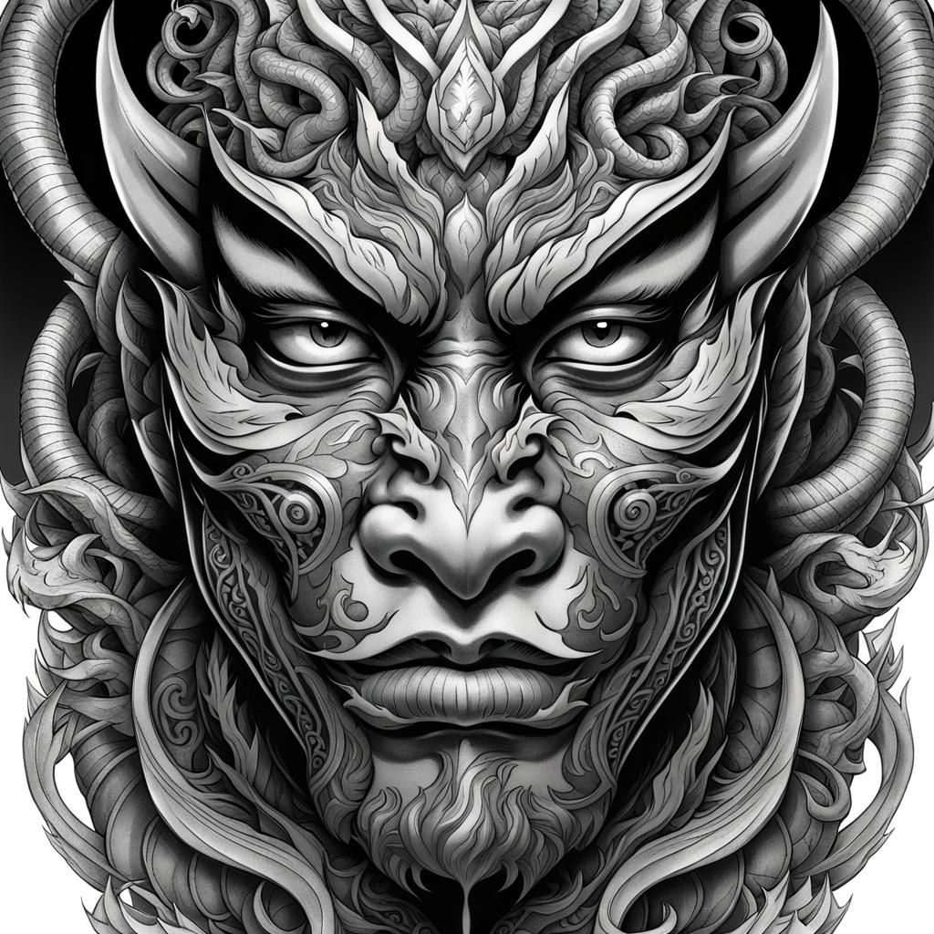 Hannya Oni Mask Arm Tattoo in Greg Rutkowski Style