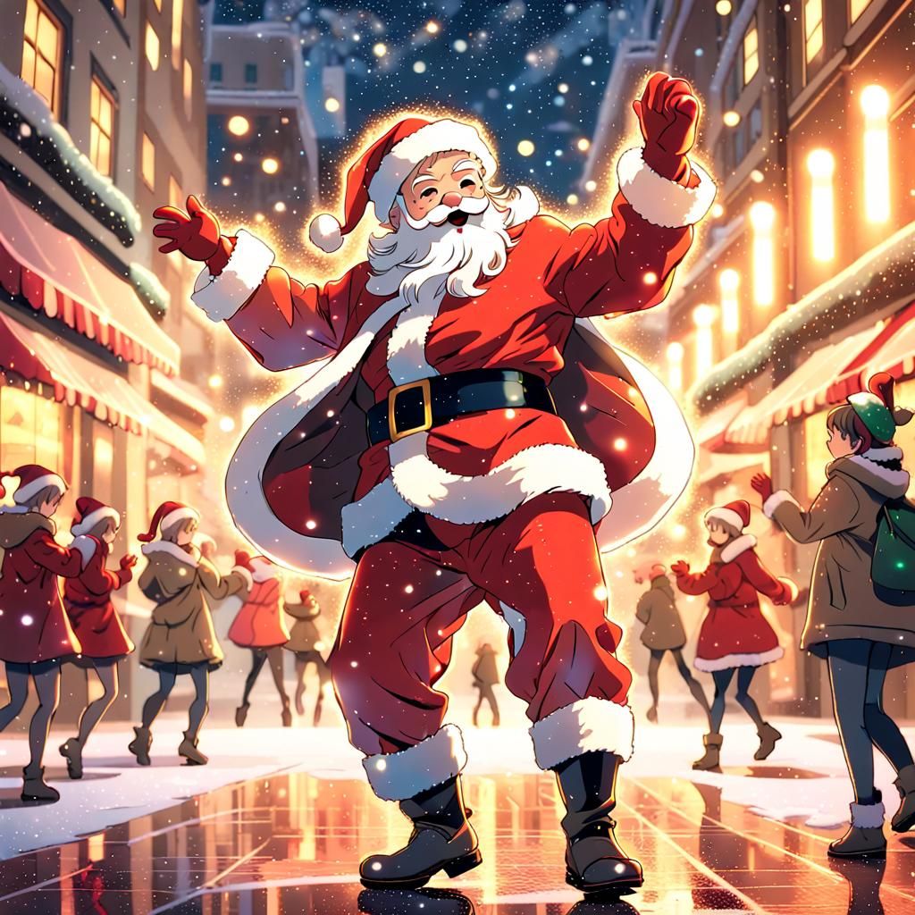Santa Claus in Vibrant Anime Cityscape
