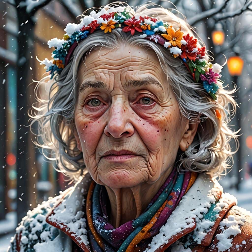 Hyperrealistic Portrait: Old Lady in Snowy Scene