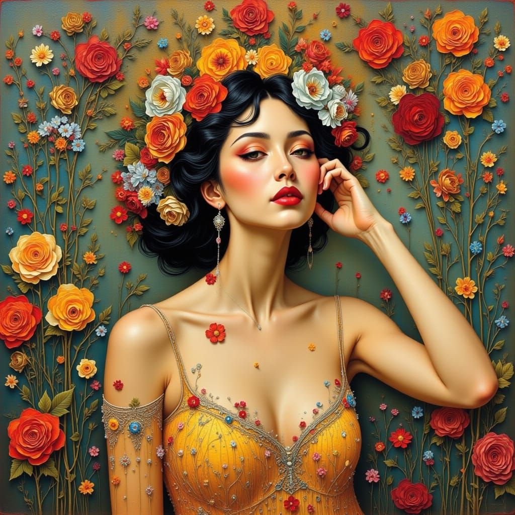 Woman Surrounded by Flowers in Art Nouveau Style