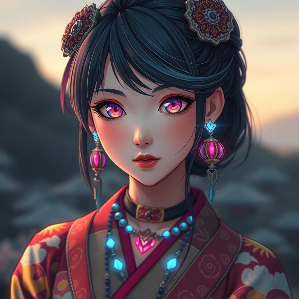 Glowing Anime Goddess in Vibrant Kimono