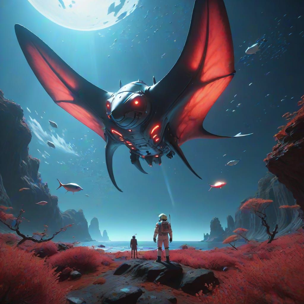 Astronaut Stands on Crimson Planet Gazing at Bioluminescent ...